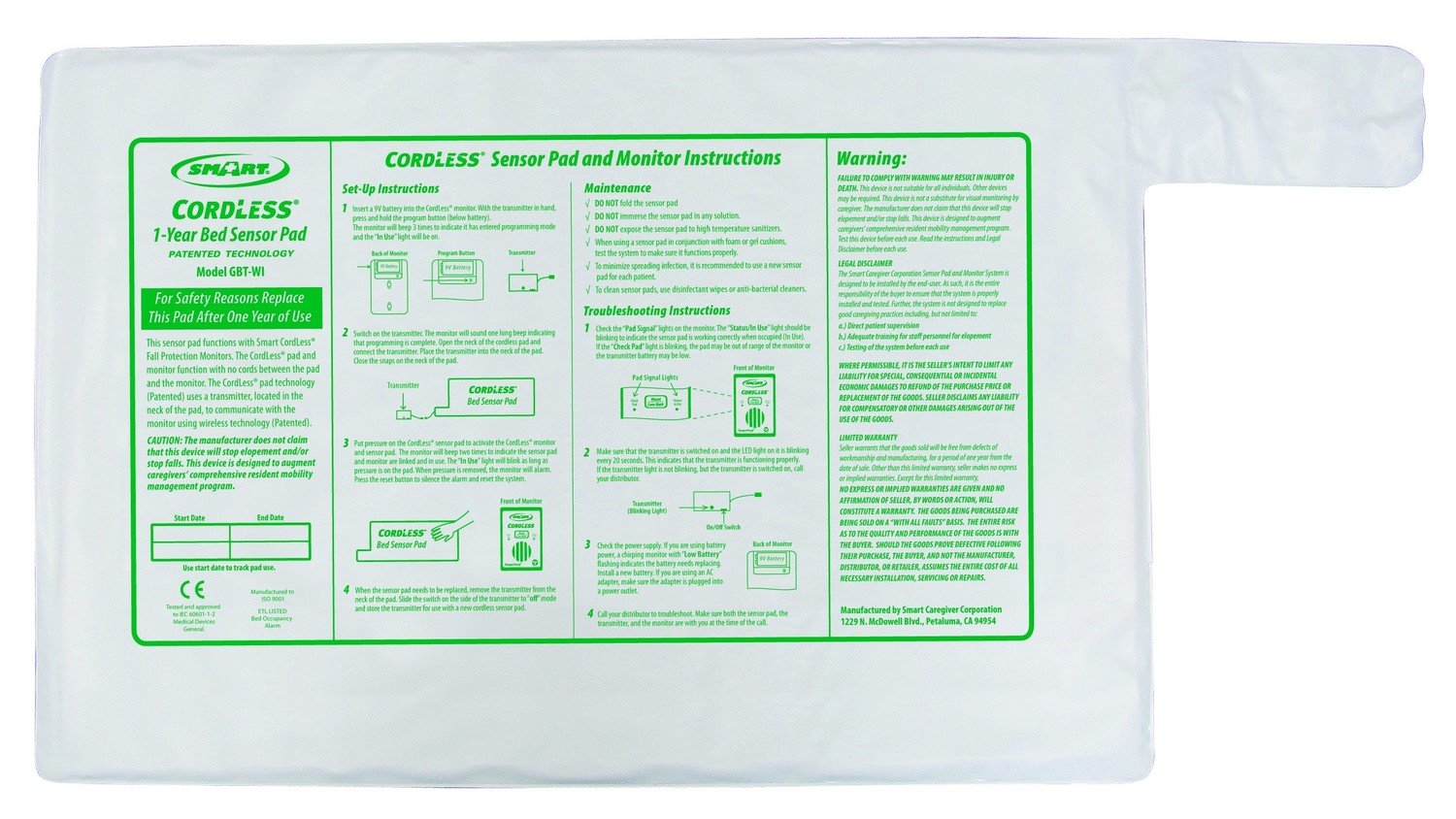 Smart Caregiver Alarms Cordless Bed Sensor Pad 20"x30"